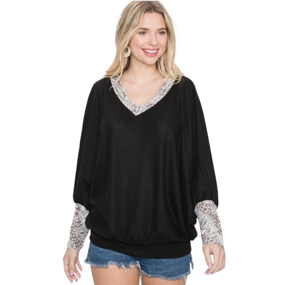 125 $20 Live Start, NWT Black with Trim cuff n neckline Batwing long slv Small